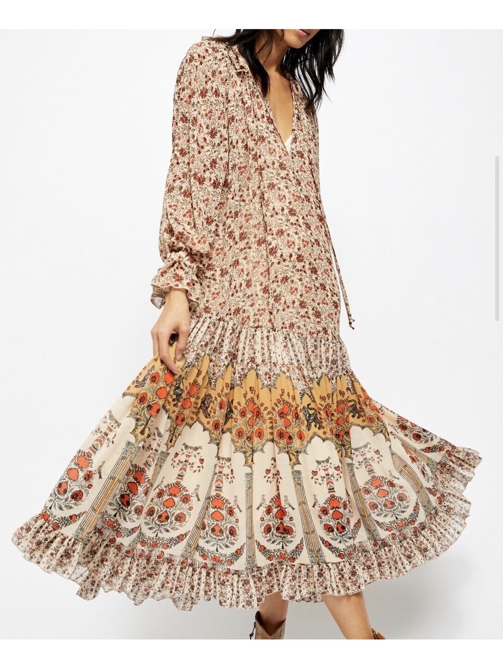 Free People Boho Floral Ruffle Maxi Dress Long Sleeve Size L Cottage Core Fairy